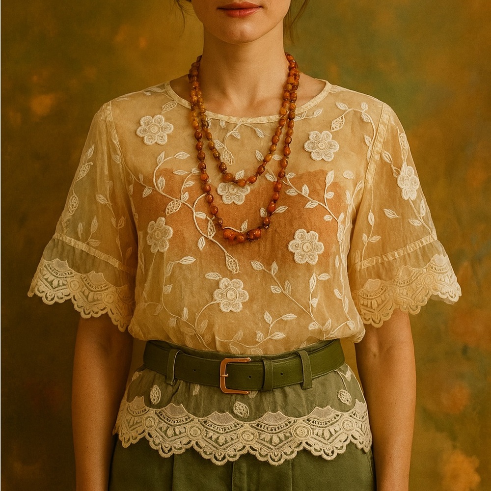 Vtg Code Sheer White Floral Lace Top Boho Whimsy Fairy Sheer Blouse Size Medium